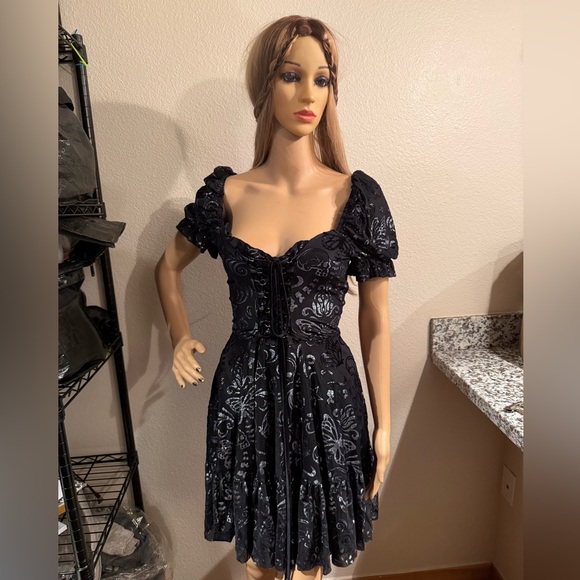 NWT BlackMilk Burned Velvet Skull Butterfly Garden Corseted Dress in Pewter L - Picture 3 of 10